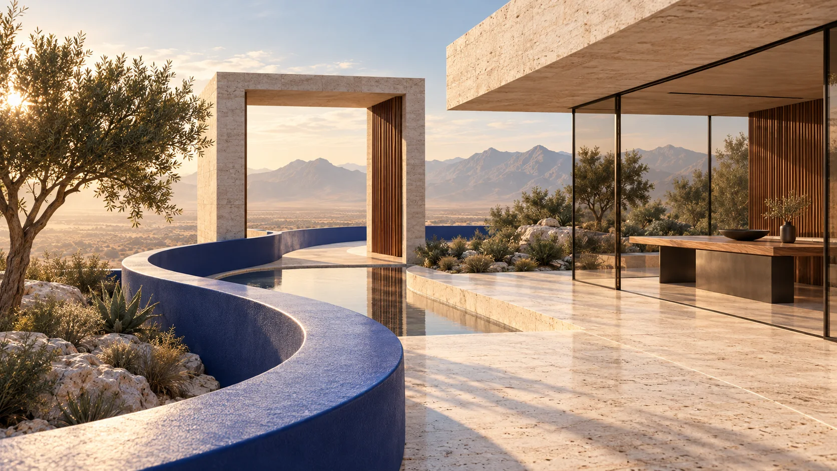 A cobalt path connecting a travertine doorway and a glass courtyard in the Arizona desert